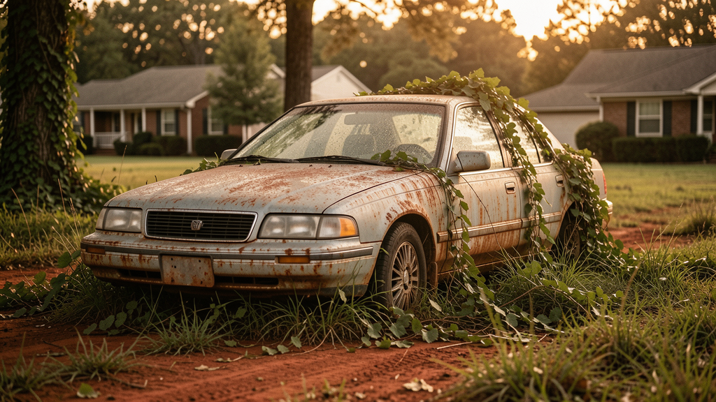 Abandoned car overgrown with kudzu in a North Carolina yard at golden hour