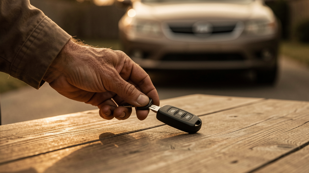 Hand placing car keys on a table in warm light