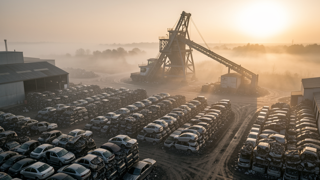 Aerial view of scrap metal recycling yard at dawn